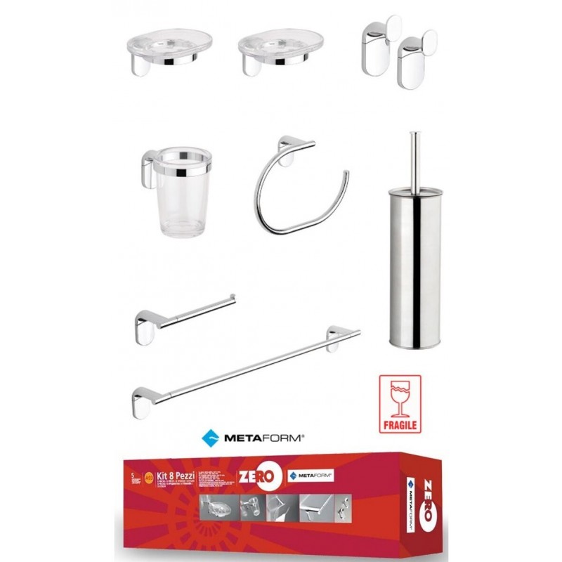 METAFORM KIT COMPLETO ACCESSORI BAGNO SET CROMATO E ABS ZERO 8 PEZZI CON  SCOPINO